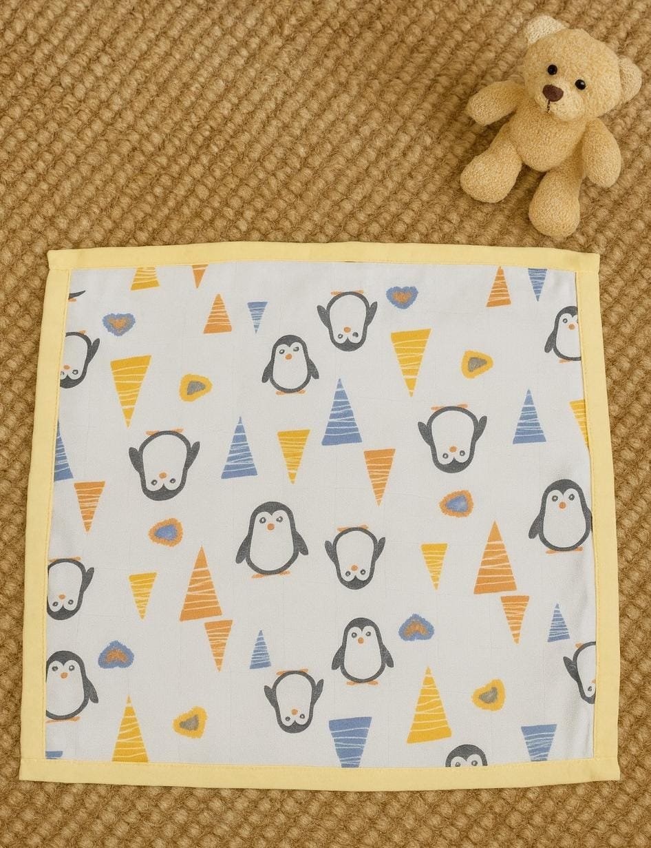 Muslin 2 Layer Baby Napkins | Soft Organic Cotton Cloths-Yellow penguins code:NBE